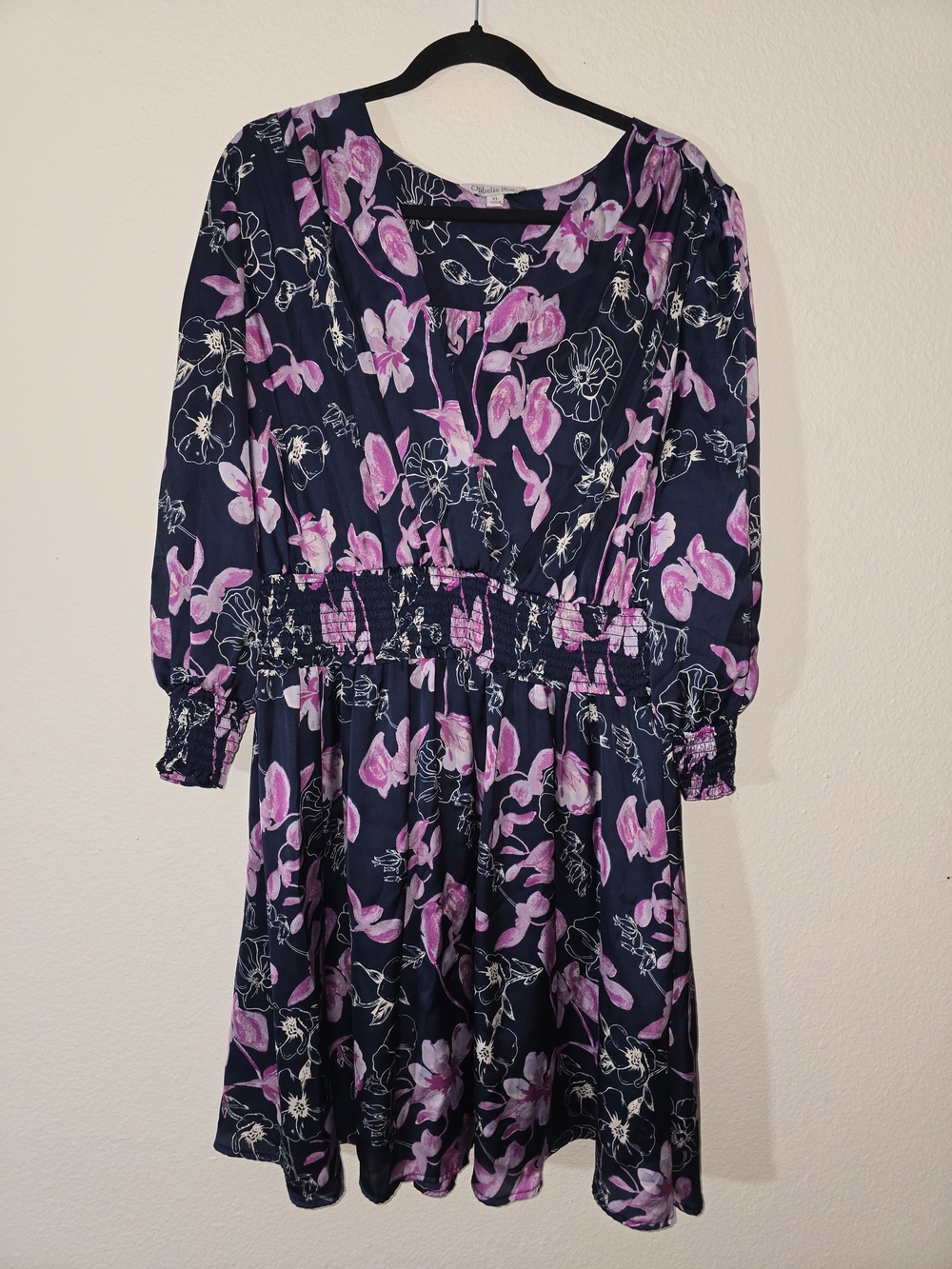 Navy Floral Midi Dress with Pink Accents
